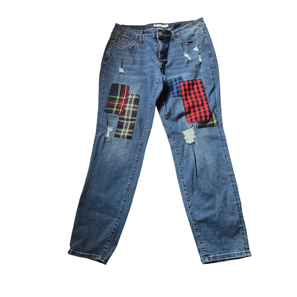 Womens Patchwork Jeans Distressed Ripped Blue Denim Straight Leg‎ Pants
